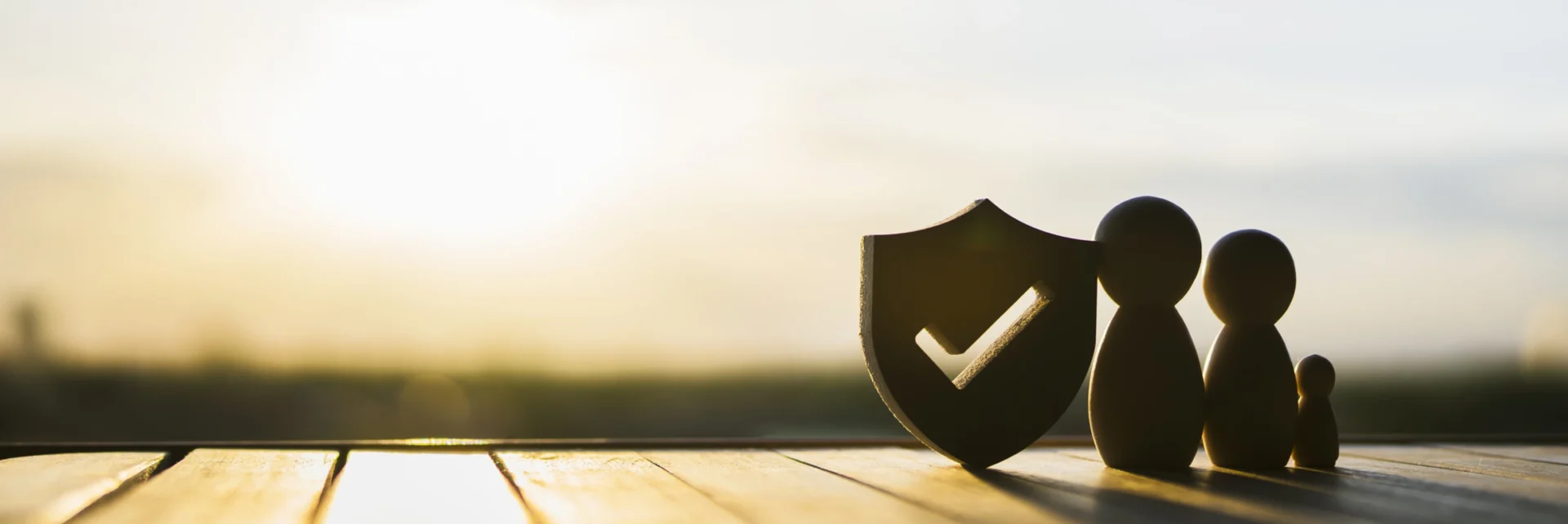 Family figures with shield at sunset.