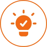Orange lightbulb with checkmark inside circle.
