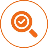 Magnifying glass with check mark inside.