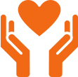 Hands holding a heart icon in orange.